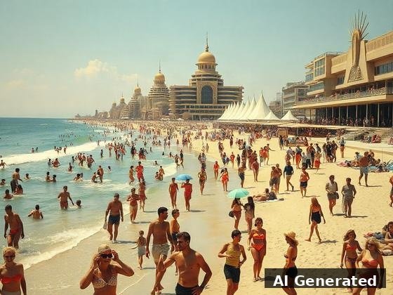 Through the lens — beach. Ziggurat deco hotel towers with golden domes rise over the jazz-age seafront crowd.