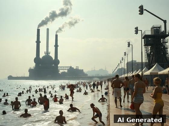 Through the lens — beach. Smoking twin-stack powerplant looms over the seafront; sepia smog, 1930s bathers.