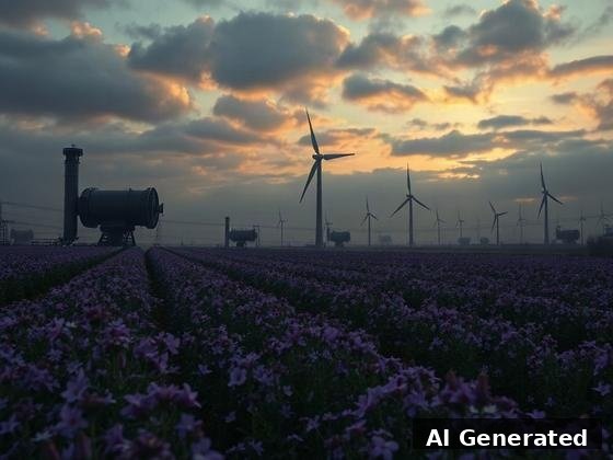 Through the lens — field. Massive riveted diesel boiler with smokestacks parked at the field's edge; smog over the blooms.