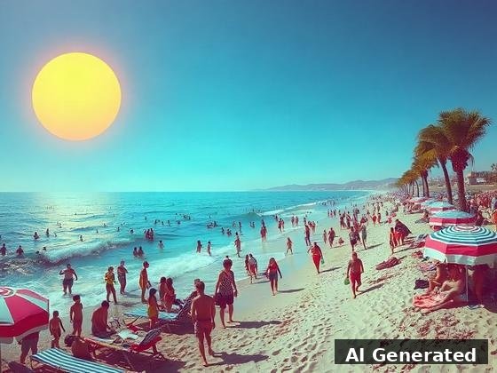 Second base — natural beach. Packed retro-postcard seafront: yellow sun, turquoise surf, striped umbrellas, palm shore. sha256 `82c7c09a…`