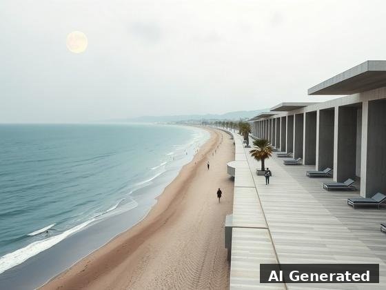 Through the lens — beach. Raw-concrete pavilion colonnade and canopy slabs along the shore; sea and crowds remain. (Accepted with a noted deviation: e