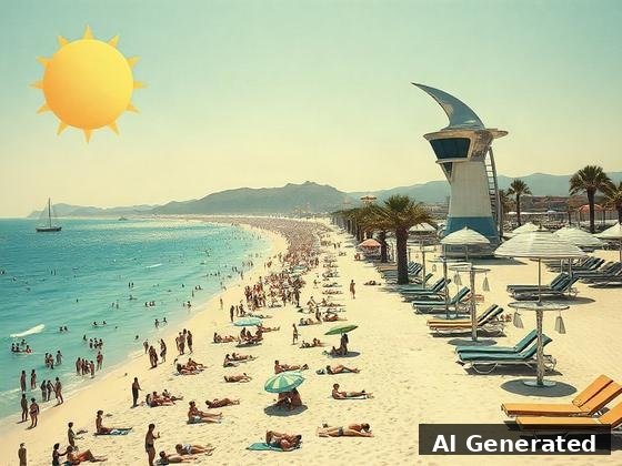 Through the lens — beach. Googie lifeguard tower with a swooping fin, stylized sunburst sun, mid-century crowd — atomic-age seaside.