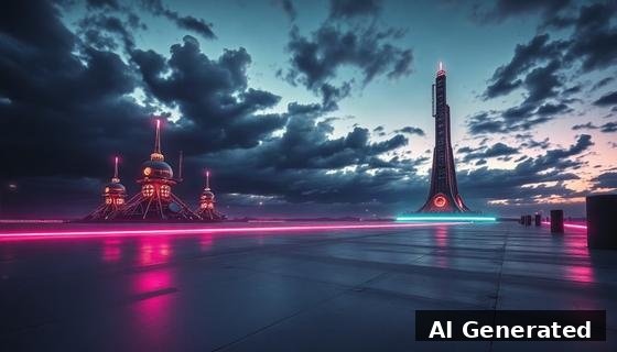 Through the lens — field. Chrome domed spire cluster left, rocket tower with cyan base glow right of center, neon ground strips — pulp sci-fi dusk.