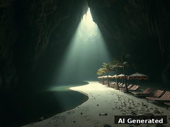 Through the lens — beach. The seafront relocated into a vast cavern: black mirror-still lake left, umbrella rows in the gloom right, one light shaft f