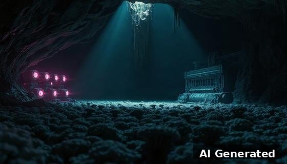 Through the lens — field. Glowing machines standing in a bioluminescent cavern; fungal floor, dripping rock, oppressive depth.