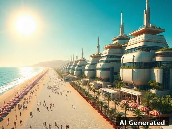 Through the lens — beach. Ecological megastructure row along the shore — habitat terraces, greenhouse decks, greenery cascading to the sand.