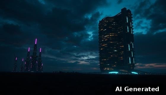 Through the lens — field. A mile-high habitat tower right of center; the turbines reborn as pink energy spines with beacon lights at dusk.