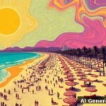 Liquid-marble sky in magenta/teal/orange, sun vortices — the packed beach intact beneath the swirl. Standout of the run.