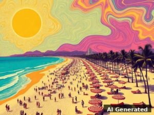 Liquid-marble sky in magenta/teal/orange, sun vortices — the packed beach intact beneath the swirl. Standout of the run.