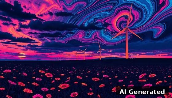 Through the lens — field. Marbled dusk vortex swallowing the big turbine; the flower field ablaze in complementary color.