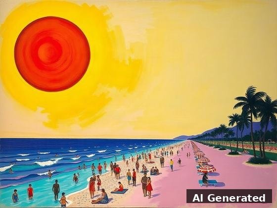 Through the lens — beach. Red sun, pink sand, yellow sky — color as emotion, flattened forms, vigorous brushwork, strong outlines.