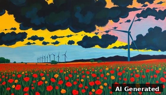 Through the lens — field. Chrome-yellow sky, dark blue-green clouds, vermilion field, electric-blue turbines.
