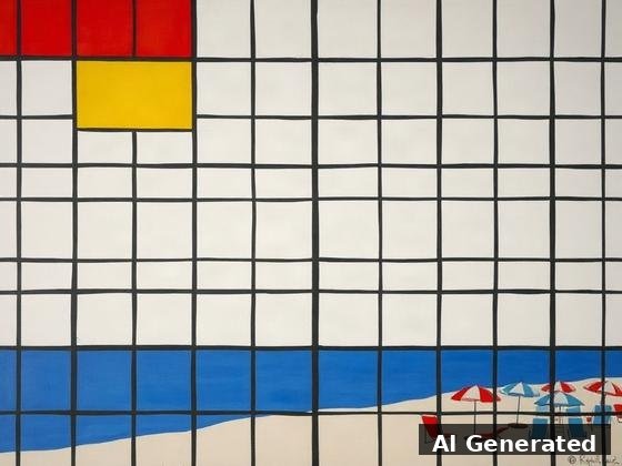 Through the lens — beach. Strict black grid with primary red/yellow/blue fields. (Accepted with a noted deviation: a literal umbrella corner and one d