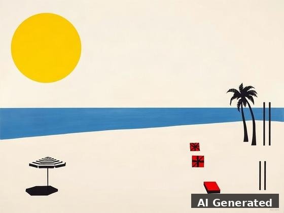 Through the lens — beach. Floating geometric shapes on a pale ground — sun as circle, sea as band, umbrellas as tilted squares. (Accepted with a noted