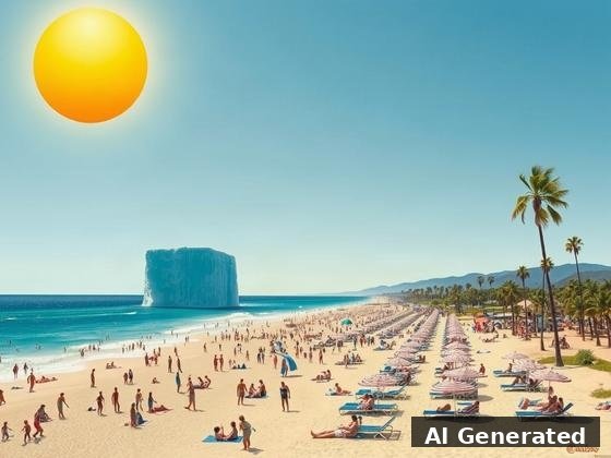 Through the lens — beach. Precise photoreal beach with exactly one deadpan impossibility: a giant ice-monolith standing in the sea — and nobody reacts