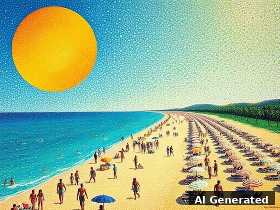 Through the lens — beach. The entire beach built from small distinct dots of pure color — shimmering optical blending, La Grande Jatte spirit.