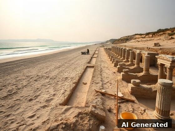 Through the lens — beach. The beach as an active dig site: stratigraphic trench, grid strings, half-buried ancient colonnade, brushes and buckets.