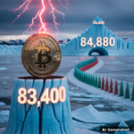 AI generated symbolic artwork: a bronze Bitcoin coin monument standing firm on a glacier ice pedestal engraved 83,400 while crimson lightning shatters into embers above it, with the 84,880 trigger arch, the 86,000 ice spire and a candlestick path across the ice field.