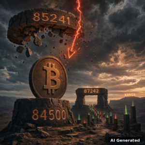 AI generated symbolic artwork: colossal bronze Bitcoin coin monument holding the 84500 support on a stormy open plateau, broken 85241 ceiling ring above, red sell-off arrow shattering into embers before touching it, 87242 gate and 88955 target beyond