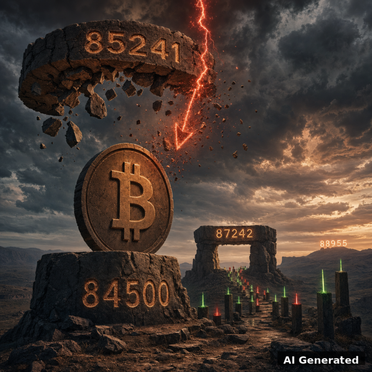 AI generated symbolic artwork: colossal bronze Bitcoin coin monument holding the 84500 support on a stormy open plateau, broken 85241 ceiling ring above, red sell-off arrow shattering into embers before touching it, 87242 gate and 88955 target beyond