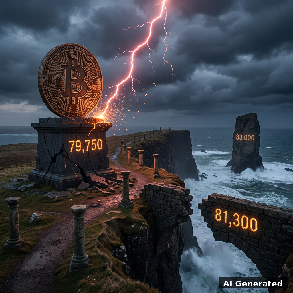 AI generated symbolic artwork: a bronze Bitcoin coin monument standing firm on a cracked coastal clifftop pedestal engraved 79,750, a crimson lightning arrow shattering into embers before touching it, the 81,300 battleground on a broken stone bridge and the 83,000 reclaim gate carved on a distant sea stack under a storm sky