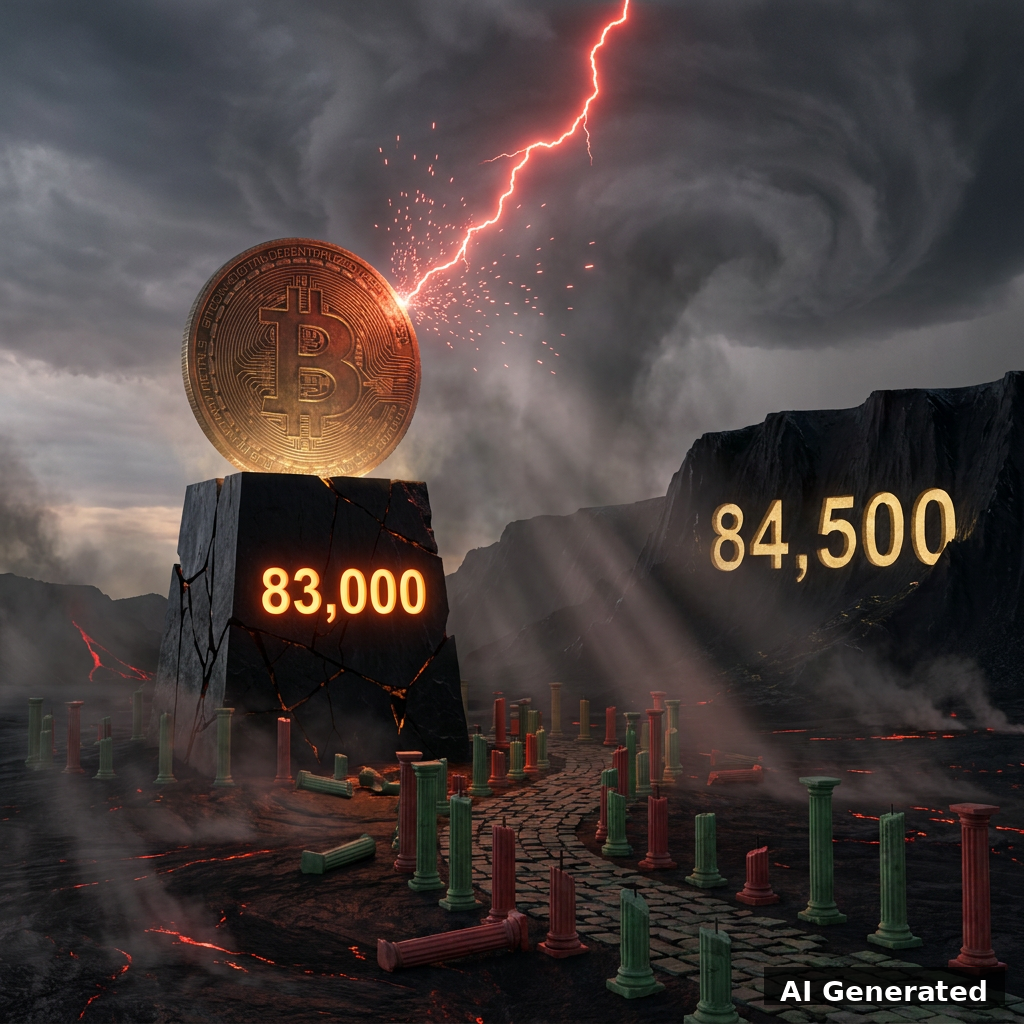 AI generated symbolic artwork: colossal Bitcoin coin monument holding the 83,000 support shelf in a volcanic plain while a red lightning arrow shatters into embers, with the 84,500 reclaim target carved on a distant cliff