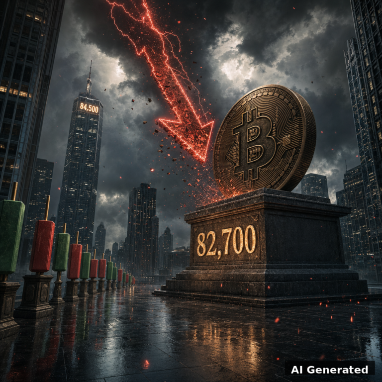 AI generated symbolic artwork: colossal bronze Bitcoin coin monument on a futuristic night-city plaza, pedestal engraved glowing 82,700, red lightning arrow shattering into embers above the support, 84,500 glowing on a distant skyscraper, candlestick-stone path