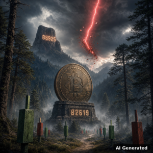 AI generated symbolic artwork: bronze Bitcoin coin monument holding the 82619 support level on a carved pedestal in a dark forest valley as a red lightning arrow shatters into embers, the 88925 target carved on a distant ridge
