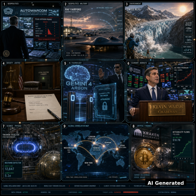 AI Generated - Nine-panel intelligence collage for the D123 Daily Intelligence Briefing: Pentagon AUTOWARCOM command room, RAF Fairford bombers, Swiss glaciers point of no return, courtroom death-penalty debate, Gemini 4 Argon AI brain, Fed Chair Kevin Warsh at the trading-floor podium with KEVIN WARSH nameplate and war-premium oil ticker, tokamak plasma, shielded bitcoin vault, holographic world map.