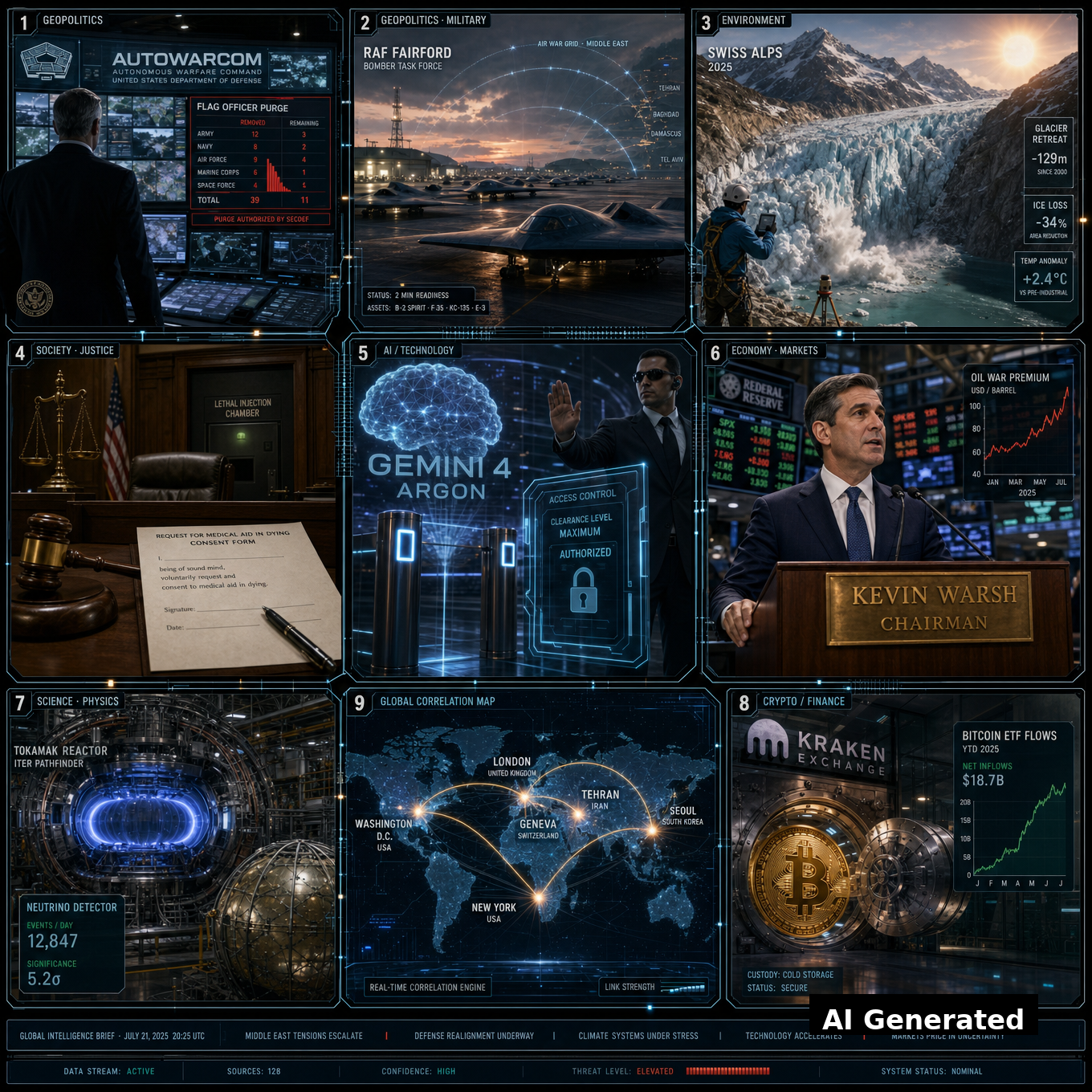 AI Generated - Nine-panel intelligence collage for the D123 Daily Intelligence Briefing: Pentagon AUTOWARCOM command room, RAF Fairford bombers, Swiss glaciers point of no return, courtroom death-penalty debate, Gemini 4 Argon AI brain, Fed Chair Kevin Warsh at the trading-floor podium with KEVIN WARSH nameplate and war-premium oil ticker, tokamak plasma, shielded bitcoin vault, holographic world map.
