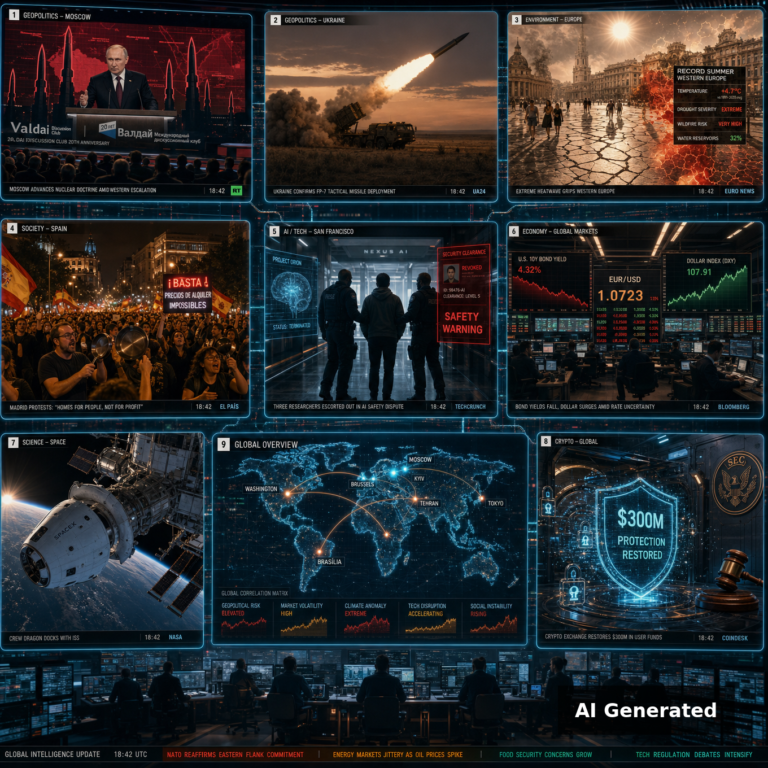 AI Generated - Nine-panel intelligence collage: Putin Valdai address, Ukraine FP-7 missile debut, record-hot European summer, Madrid rent protests, OpenAI safety-researcher dismissals, global bond rout with dollar at 17-month high, Crew-13 fastest ISS docking, Bitget $300M protection fund restored, SEC crypto custody proposal, holographic world map