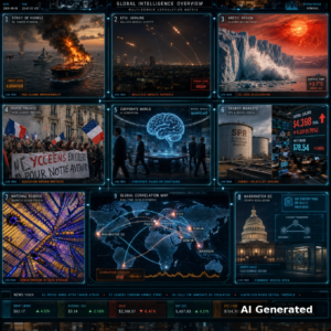 AI Generated - Nine-panel cinematic intelligence collage: a burning tanker in the Strait of Hormuz with warship escorts, Kyiv skyline under ballistic missile streaks, a glacier calving under heat-stress sun, Paris lycee student barricade protest with French tricolor flags, a holographic AI brain over an OpenAI-style boardroom, strategic petroleum reserve tanks beside diesel price boards, a magnetic liquid-crystal lattice under a polarizing microscope, the US Capitol with a crypto vault and SEC custody charts, and a luminous holographic world map with data nodes.