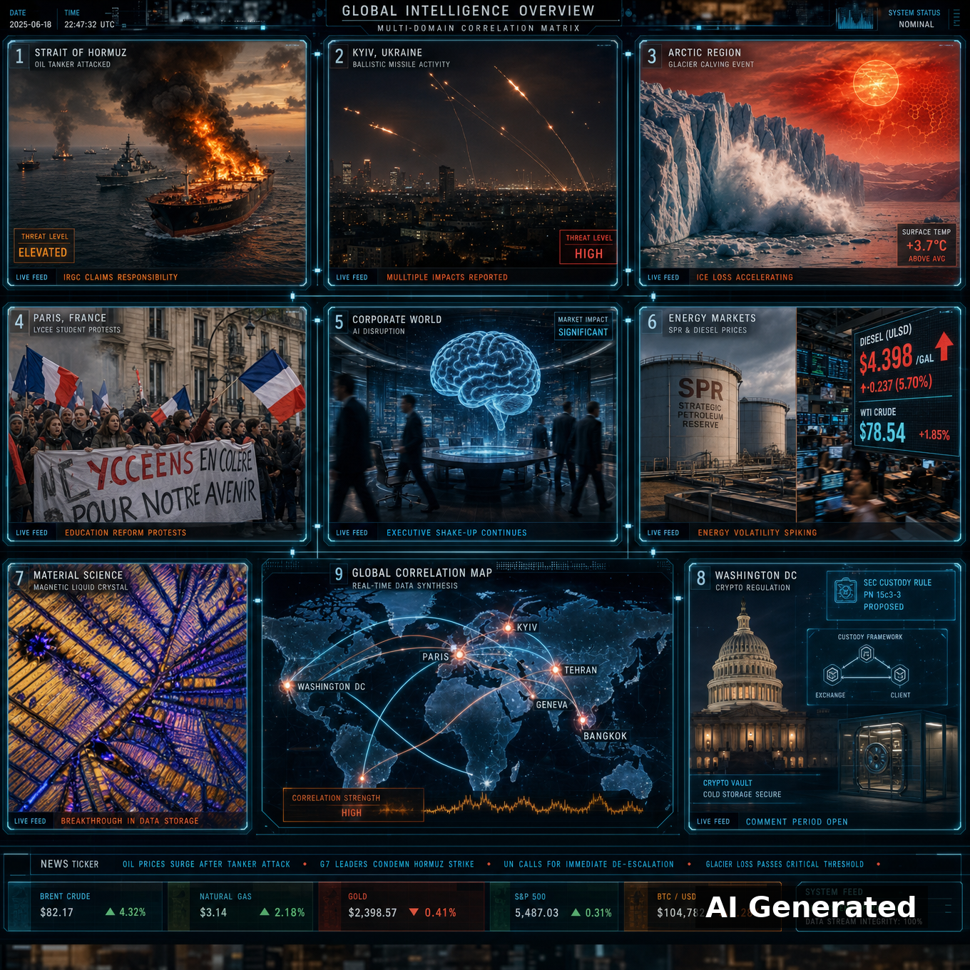 AI Generated - Nine-panel cinematic intelligence collage: a burning tanker in the Strait of Hormuz with warship escorts, Kyiv skyline under ballistic missile streaks, a glacier calving under heat-stress sun, Paris lycee student barricade protest with French tricolor flags, a holographic AI brain over an OpenAI-style boardroom, strategic petroleum reserve tanks beside diesel price boards, a magnetic liquid-crystal lattice under a polarizing microscope, the US Capitol with a crypto vault and SEC custody charts, and a luminous holographic world map with data nodes.