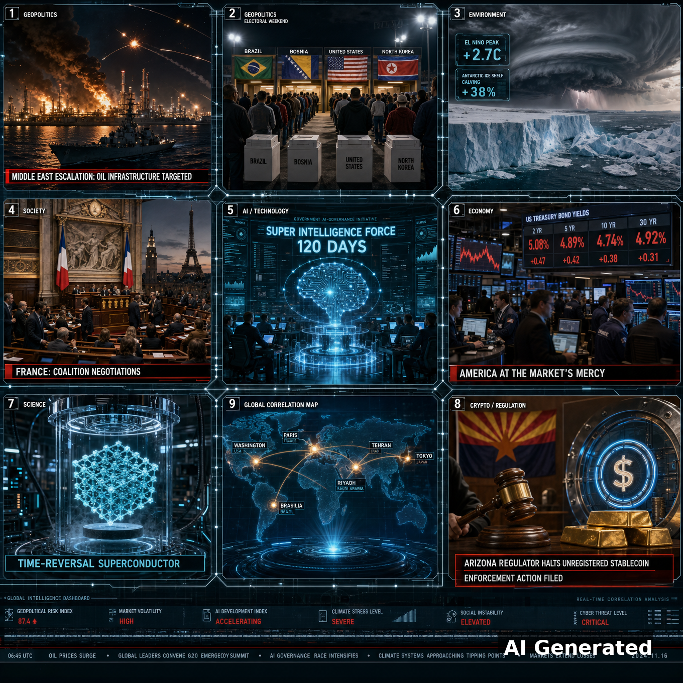 AI Generated - Nine-panel intelligence collage for the Daily Intelligence Briefing 2026-10-04 (D126): Gulf oil-refinery air war under missile fire, four-nation electoral weekend ballot boxes (Brazil, Bosnia, United States, North Korea), El Nino peak storm supercell over a calving Antarctic ice shelf, French National Assembly coalition negotiations, Super Intelligence Force 120-day AI governance countdown with holographic brain, US Treasury bond-yield trading floor "America at the Market's Mercy", time-reversal superconductor lattice in a cryogenic chamber, Arizona stablecoin enforcement gavel with stablecoin vault and gold bars, holographic world map with nodes at Riyadh, Washington, Paris, Brasilia, Tehran, Tokyo.