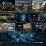 AI Generated - Nine-panel intelligence collage: 1 Brazil first round Bolsonaro heir leads Lula; 2 B-1 bombers depart RAF Fairford; 3 SCOTUS takes Boulder climate case; 4 UK migration flashpoint Gosport; 5 Super Intelligence Force takes office; 6 euro at 14-month low and Gulf oil flows restored; 7 Nobel week opens on GLP-1 expectations; 8 OKX files with SEC for tokenized stocks; 9 holographic world map connecting Brasilia, London, Washington, Pyongyang, Frankfurt, Tokyo.