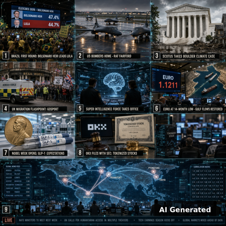 AI Generated - Nine-panel intelligence collage: 1 Brazil first round Bolsonaro heir leads Lula; 2 B-1 bombers depart RAF Fairford; 3 SCOTUS takes Boulder climate case; 4 UK migration flashpoint Gosport; 5 Super Intelligence Force takes office; 6 euro at 14-month low and Gulf oil flows restored; 7 Nobel week opens on GLP-1 expectations; 8 OKX files with SEC for tokenized stocks; 9 holographic world map connecting Brasilia, London, Washington, Pyongyang, Frankfurt, Tokyo.