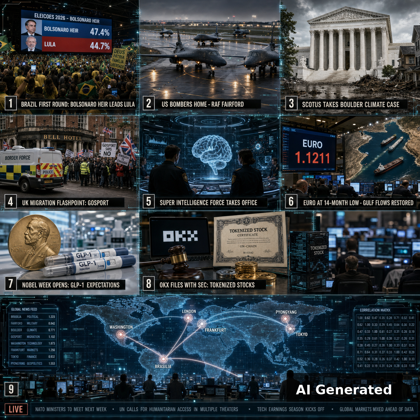 AI Generated - Nine-panel intelligence collage: 1 Brazil first round Bolsonaro heir leads Lula; 2 B-1 bombers depart RAF Fairford; 3 SCOTUS takes Boulder climate case; 4 UK migration flashpoint Gosport; 5 Super Intelligence Force takes office; 6 euro at 14-month low and Gulf oil flows restored; 7 Nobel week opens on GLP-1 expectations; 8 OKX files with SEC for tokenized stocks; 9 holographic world map connecting Brasilia, London, Washington, Pyongyang, Frankfurt, Tokyo.