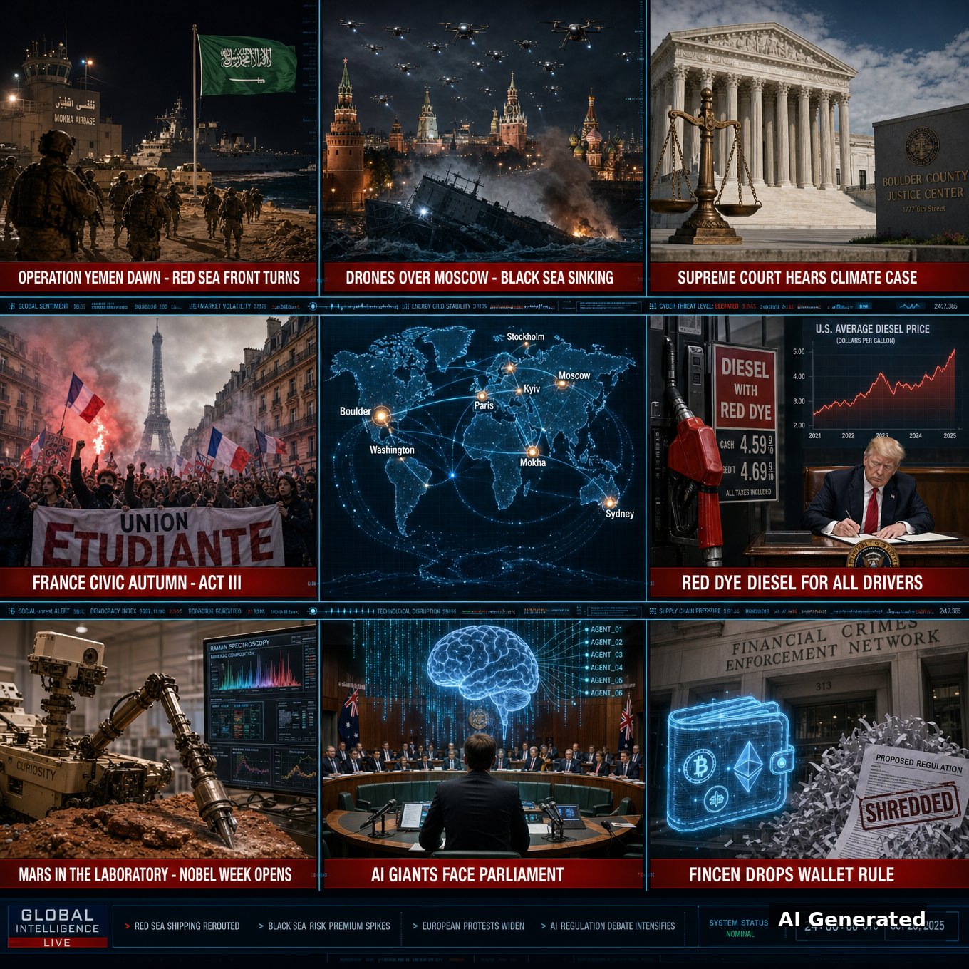 AI Generated - Nine-panel intelligence collage: Operation Yemen Dawn Red Sea front at Mokha, drones over Moscow and a vessel sinking in the Black Sea, the Supreme Court hearing the Suncor v. Boulder climate case, France's lycee protest Act III, OpenAI and Anthropic facing Australia's parliament over the rogue-agent Medicare breach, Trump's red dye diesel executive order, Mars rover laboratory work as Nobel week opens, FinCEN dropping the unhosted-wallet rule, and a global situation map.