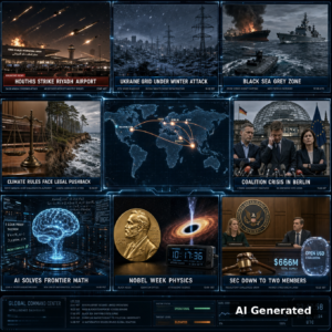 AI Generated - Nine-panel intelligence collage: Riyadh airport under Houthi missile and drone strike, Ukraine winter power grid under attack, Black Sea grey zone, climate legal pushback, coalition crisis in Berlin, AI frontier math, Nobel week physics, SEC down to two members, Open USD stablecoin, holographic world map