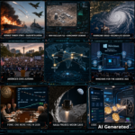 AI Generated - Nine-panel intelligence collage: Hormuz tanker strike and Saudi retaliation, Iran nuclear file enrichment demand, Hurricane Isaias record-late season, America civic autumn protests, Windows for the agentic age, FOMC one more hike in 2026, NASA probes moon cave, USDC on Solana custody advance, center holographic world map