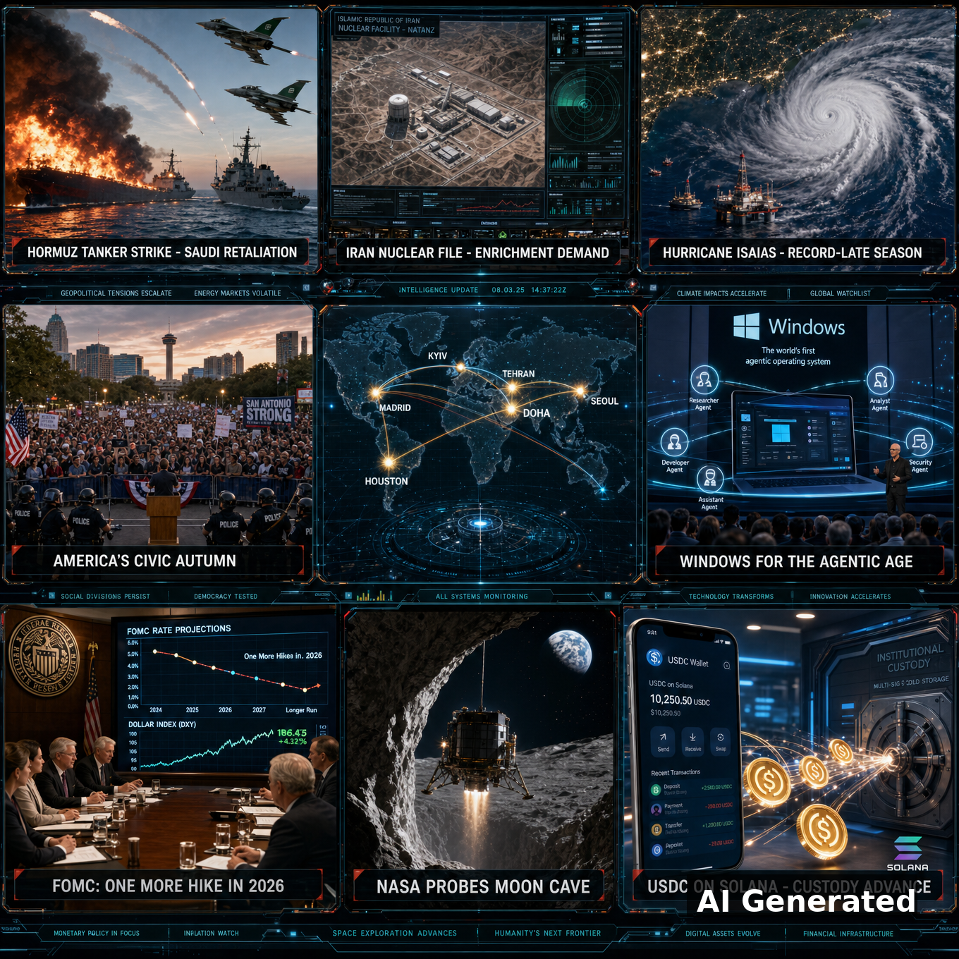AI Generated - Nine-panel intelligence collage: Hormuz tanker strike and Saudi retaliation, Iran nuclear file enrichment demand, Hurricane Isaias record-late season, America civic autumn protests, Windows for the agentic age, FOMC one more hike in 2026, NASA probes moon cave, USDC on Solana custody advance, center holographic world map