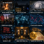 AI Generated - Nine-panel intelligence collage: Houthi missile strike on Riyadh King Khalid airport, Kyiv 80% blackout, record-late Hurricane Isaias, Labour holds Holborn by-election, OpenAI withdraws AI math papers, Nasdaq 27,193 selloff, Nobel Peace Prize Oslo, Greece 10% crypto tax, holographic world map