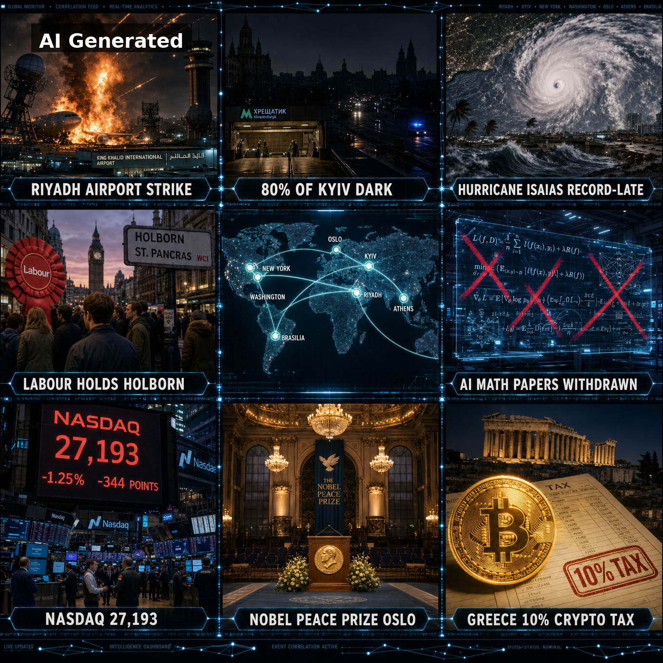 AI Generated - Nine-panel intelligence collage: Houthi missile strike on Riyadh King Khalid airport, Kyiv 80% blackout, record-late Hurricane Isaias, Labour holds Holborn by-election, OpenAI withdraws AI math papers, Nasdaq 27,193 selloff, Nobel Peace Prize Oslo, Greece 10% crypto tax, holographic world map