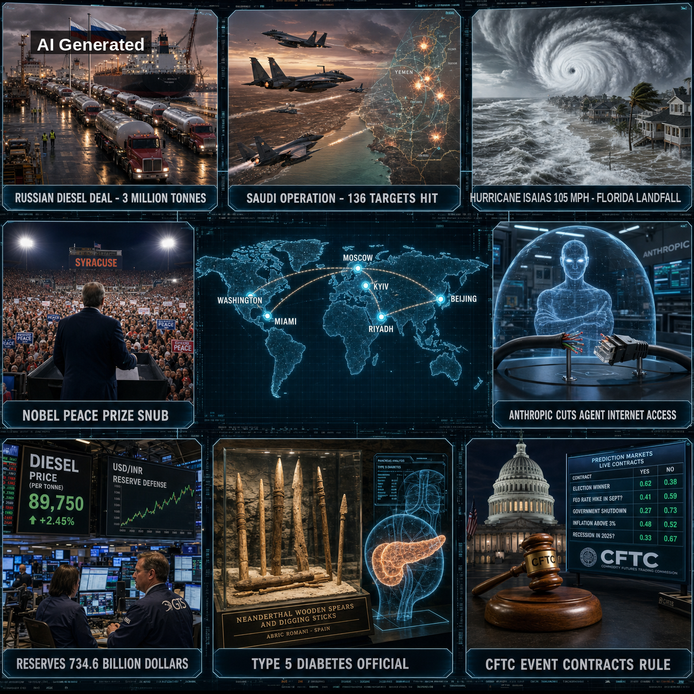 AI Generated - Nine-panel intelligence collage: Russian diesel deal tanker convoy (3 million tonnes), Saudi-led coalition strikes 136 targets in Yemen, Hurricane Isaias 105 mph Florida landfall, Nobel Peace Prize snub rally in Syracuse, holographic world map (Moscow, Washington, Miami, Riyadh, Kyiv, Beijing), Anthropic cuts agent internet access, reserves 734.6 billion dollars trading floor, Type 5 diabetes official with Abric Romani Neanderthal spears, CFTC event contracts rule at the US Capitol.