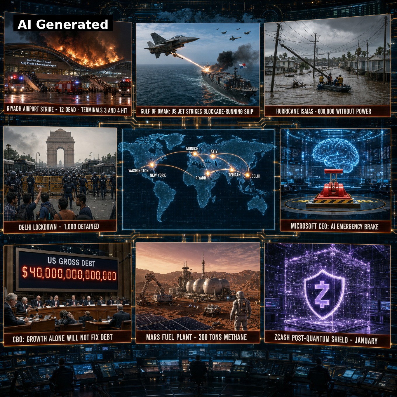 AI Generated - Nine-panel intelligence collage: Panel 1 Riyadh King Khalid Airport terminal burning after Houthi missile strike; Panel 2 US fighter jet striking blockade-running cargo ship M/V Ocean Molica in Gulf of Oman; Panel 3 flooded Florida Panhandle neighborhood after Hurricane Isaias; Panel 4 Delhi lockdown with riot police and barricades at India Gate; Panel 5 holographic AI brain with emergency brake lever in containment control room; Panel 6 congressional hearing before US gross debt counter $40 trillion; Panel 7 Mars propellant plant with solar arrays and methane tanks; Panel 8 Zcash shield inside quantum-resistant lattice vault; Panel 9 holographic world map with nodes at Riyadh, Tehran, Kyiv, Delhi, Munich, Washington and New York.