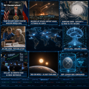 AI Generated - Nine-panel intelligence collage: Trump declares energy ceasefire as Moscow denies any deal, Houthis strike Riyadh airport a fourth time in five days, Hurricane Simon (Category 4) batters Mexico's Pacific coast amid record El Nino, UK care crisis postcode lottery, GPT-6.1 Sol opens a 500,000-token context window, the dollar holds an 18-month high as AI risk is repriced, a two-sun world found 16 light-years away, and the XRP Ledger supply bug contained by an emergency patch.