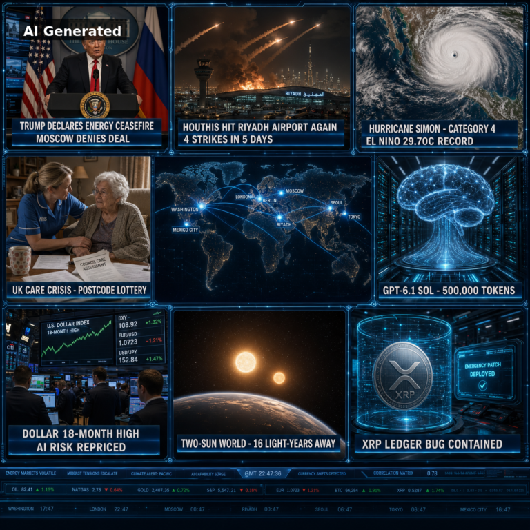 AI Generated - Nine-panel intelligence collage: Trump declares energy ceasefire as Moscow denies any deal, Houthis strike Riyadh airport a fourth time in five days, Hurricane Simon (Category 4) batters Mexico's Pacific coast amid record El Nino, UK care crisis postcode lottery, GPT-6.1 Sol opens a 500,000-token context window, the dollar holds an 18-month high as AI risk is repriced, a two-sun world found 16 light-years away, and the XRP Ledger supply bug contained by an emergency patch.