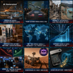 AI Generated - Nine-panel intelligence collage cover for the Daily Intelligence Briefing D135: Houthi missile strike on Riyadh with airlines suspending flights, Trump defending the Russia diesel deal, Panama 6.1 aftershock and drained Lake Piva, Americas civic autumn midterms and execution debate, holographic world map of the IMF two-speed world (Germany 1.3 percent, France 0.4 percent), Alphabet 200 billion dollar AI capex data center, KOSPI selloff with dollar at an 18-month high and Brent at 106 dollars, Perseverance 28.1-mile Mars driving record, and the Ledger hardware wallet implant heist with 86 million dollars stolen.