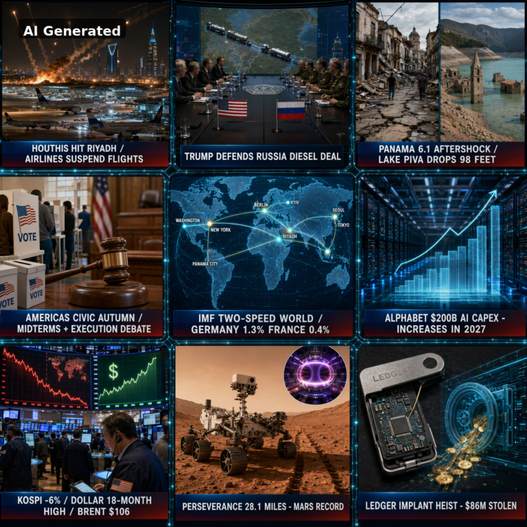 AI Generated - Nine-panel intelligence collage cover for the Daily Intelligence Briefing D135: Houthi missile strike on Riyadh with airlines suspending flights, Trump defending the Russia diesel deal, Panama 6.1 aftershock and drained Lake Piva, Americas civic autumn midterms and execution debate, holographic world map of the IMF two-speed world (Germany 1.3 percent, France 0.4 percent), Alphabet 200 billion dollar AI capex data center, KOSPI selloff with dollar at an 18-month high and Brent at 106 dollars, Perseverance 28.1-mile Mars driving record, and the Ledger hardware wallet implant heist with 86 million dollars stolen.