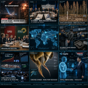 AI Generated - Nine-panel intelligence collage for the Daily Intelligence Briefing, 14 October 2026 (D136): Russian ballistic missiles strike Kyiv for a second night without advance warning, hitting a residential tower and the CHP-4 power plant; European Council leaders meeting in Brussels demand more pressure on Moscow while Washington loosens Russian fuel exports; drought-stricken Saxony forest with falling tree vitality; Berlin SPD-Greens-Left exploratory coalition talks stalled; holographic global correlation map linking Kyiv, Riyadh, Berlin, Washington, Beijing and Tokyo; FBI agents arresting a Saudi OpenAI engineer over a hidden recording device planted in an executive conference room; China's record $133.5 billion September trade surplus with exports up 36.3 percent and G7 bond yields at 20-year highs per IMF fiscal warning; honeybee stinger revealed as a double-piston micro-pump under laboratory microscopy; Ripple partnering with South Korea's Meritz Securities on institutional custody and tokenisation for Korean capital markets.